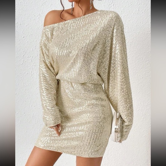 Cream sequins long sleeve mini dress holiday party - Picture 2 of 6